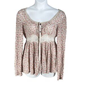 Free People Womens M Babydoll Floral Lace Inset Empire Waist Peasant Top Boho